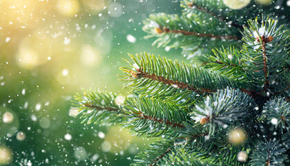 Wall Mural - Beautiful green fir tree branches close up. Christmas and winter concept