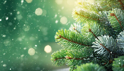 Wall Mural - Beautiful green fir tree branches close up. Christmas and winter concept