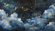 Night sky with gold constellations stars and clouds painted in watercolor.