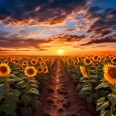 Wall Mural - A sunflower field stretching to the horizon.