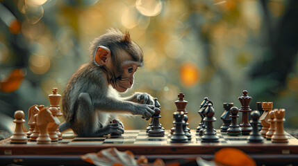 monkey plays chess, concept of Animal Intelligence, white black color illustration, evolution concept 