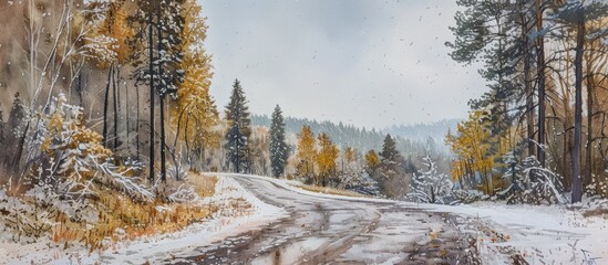 Sticker - A painting depicting a forest road covered in the first autumn snow. The winding road leads through a dense woodland with snow-covered trees lining the path.