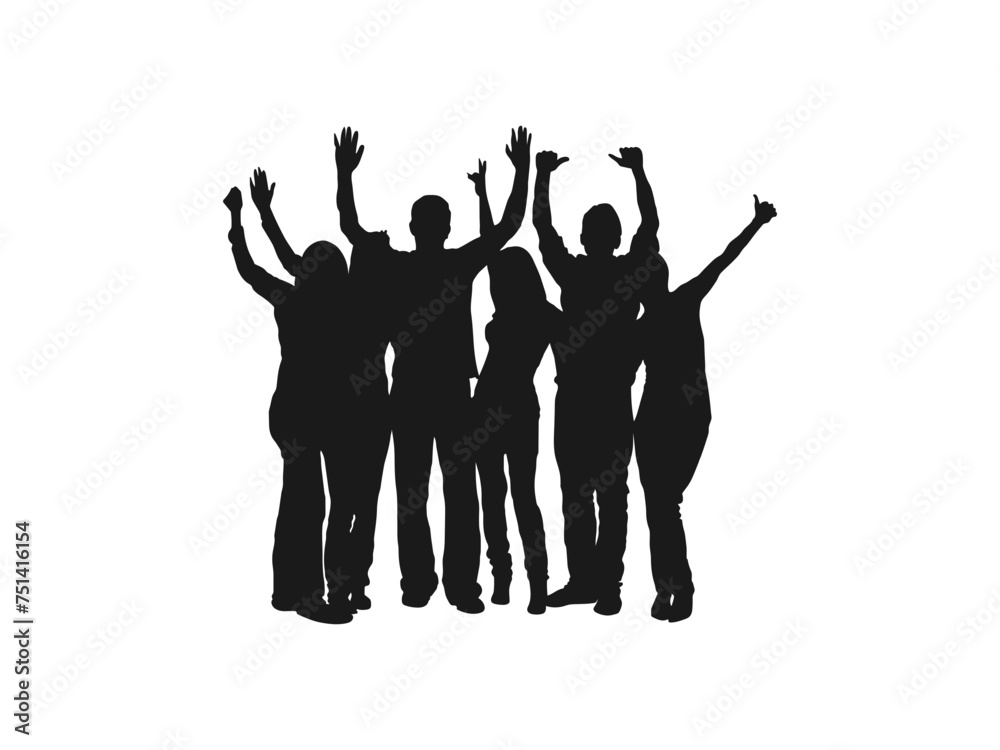 people raising hand silhouettes. Crowd of fun people. A young group of ...