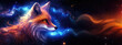 Red fox against cosmic background with space, stars, nebulae, vibrant colors, flames; digital art in fantasy style, featuring astronomy elements, celestial themes, interstellar ambiance