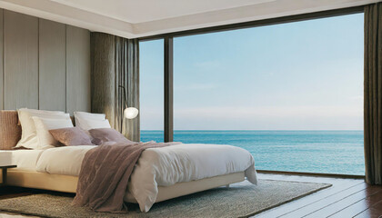 Minimalist bedroom background take view sea -3D render