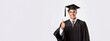 © ImageFlow - A happy man in a graduation cap and gown giving a thumbs up, conveying a concept of success in education. Ai generative illustration