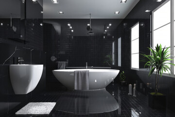 Wall Mural - Modern interior bathroom with black marble decoration, bathtub, shower and sink, stylish furniture.