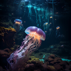 Poster - Bioluminescent jellyfish illuminating an underwater area