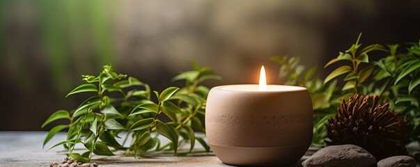 Wall Mural - Serene meditation and wellness. Calm candle with plants and soft light. Space for writing