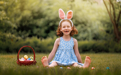 Wall Mural - child with painting eggs outdoors