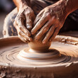 Close-up of a potters hands shaping clay on a whee 