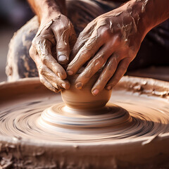 Wall Mural - Close-up of a potters hands shaping clay on a whee 