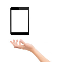 Poster - Hand, tablet and blank screen in studio, display and mockup space or social media on white background. Person, tech and website or networking for marketing, app and internet or online for advertising