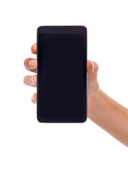 Poster - Hand, phone screen and blank in studio, display and mockup space or social media on white background. Person, tech and website or networking for marketing, app and internet or online for advertising