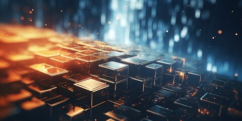 Poster - Rising, flowing, streaming data concept. Metallic colored blocks stacked and rising. Data reallocation. Shallow depth of field