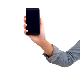 Poster - Hand, phone and screen for display in studio, text and mockup space or social media on white background. Person, blank and web or networking for marketing, app and internet or online for advertising