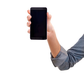 Poster - Hand, phone screen and empty in studio, blank and mockup space or social media on white background. Person, tech and website or networking for marketing, app and internet or online for advertising
