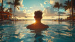 Person enjoying a swimming pool at a tropical hotel at sunset. Ai generative illustration