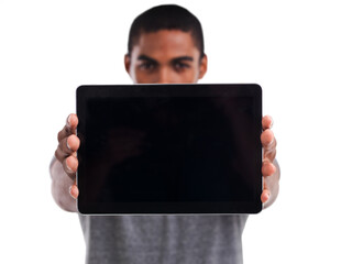 Poster - Man, tablet screen and portrait in studio, blank and mockup space on white background. Black male person, display and website or networking for marketing, app and internet or online for advertising