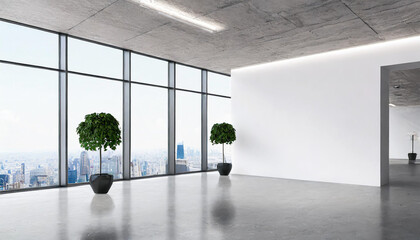 Wall Mural - Blank white wall in concrete office with large windows Mockup 3D rendering