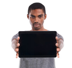 Poster - Man, tablet screen and portrait in studio, display and mockup space on white background. Black male person, tech and website or networking for marketing, app and internet or online for advertising