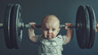 Baby, Infant lifting a heavy barbell with a humorous twist against a dark background.