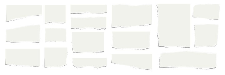 Wall Mural - Elongated horizontal set of torn pieces of paper isolated on white background. Paper collage.