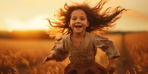 Wall Mural - Young child with flowing hair running freely through a field at sunset, full of joy