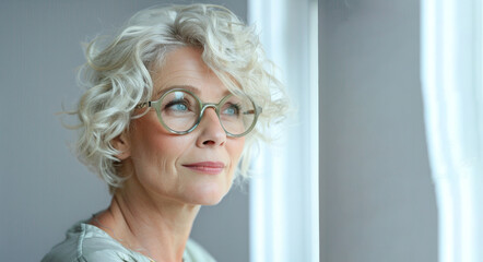 A woman with glasses and a white shirt is smiling. She is wearing a pair of gold earrings. 50 year old woman short hair with soft curls platinum blonde with reading glasses jovial look