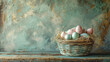 A straw basket with Easter eggs against the background of an old shabby wall.