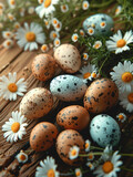 Fototapeta Mapy - Natural eggs and daisies on a wooden background.