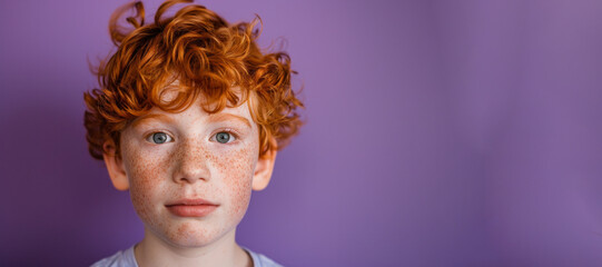 Wall Mural - A boy with red hair and blue eyes is looking at the camera. He has a scruffy appearance and he is sad. a close up head shot of a red haired young boy pulling a funny face on a plain purple background