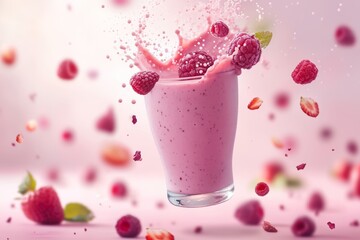 Wall Mural - Frozen berries splashing into a pink smoothie