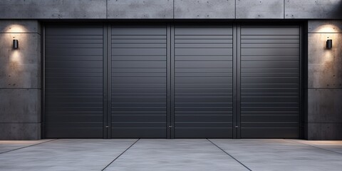 Poster - Shutters, gates, steel doors, loading section, garage view. locking mechanism. black grey. wide format.