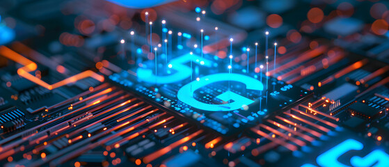 Poster - Circuit board with 5G internet of things (IOT) hologram. 3D rendering