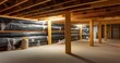 Basement or crawl space with upper floor insulation and wooden support beams