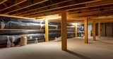 Fototapeta  - Basement or crawl space with upper floor insulation and wooden support beams