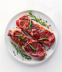 Wall Mural - Fresh beef steaks top view on white plate isolated on white background 