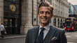 Elegante uomo d'affari che lavora nel distretto finanziario di Londra sorridente prima di iniziare la giornata di lavoro