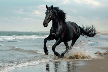 A black horse is running on the beach, splashing water in the air