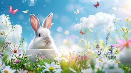 Wall Mural - a realistic photo of a podium product display set on the grass among the spring time with colorful flowers, blue skies, white rabbits, colorful butterflies, magical feeling 
