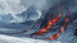 volcanic eruption with lava flowing through the snowy landscape, creating a stark contrast between the fiery red-orange lava and the white snow against the backdrop of a big mountain