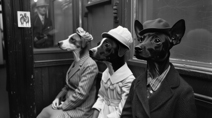 this image portrays dogs dressed in 1950s human clothing, sitting together on a train, evoking a vin