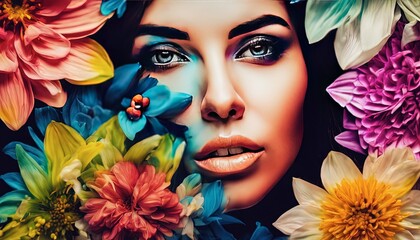 Wall Mural - abstract portrait of a woman with flowers, pretty woman portrait, colored abstract portrait of woman