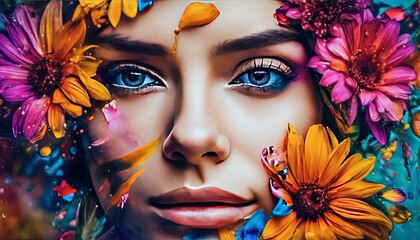 Wall Mural - abstract portrait of a woman with flowers, pretty woman portrait, colored abstract portrait of woman