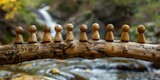 Fototapeta Miasto - Wooden Chess Pieces Forming a Bridge Above a Waterfall, To convey a message of unity and balance through the use of unexpected elements