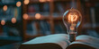 The concept of reading books seeking knowledge and generating new ideas represented by a light bulb
