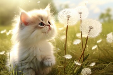  White fluffy kitten looks at blowballs at lawn flooded with sunlight