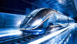 A sleek and futuristic high-speed train races through a tunnel at night and train is illuminated by bright lights