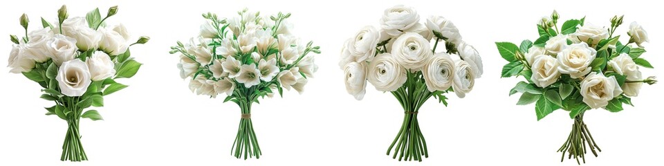 Wall Mural - Bouquet of white roses and eustoma flowers isolated on transparent background